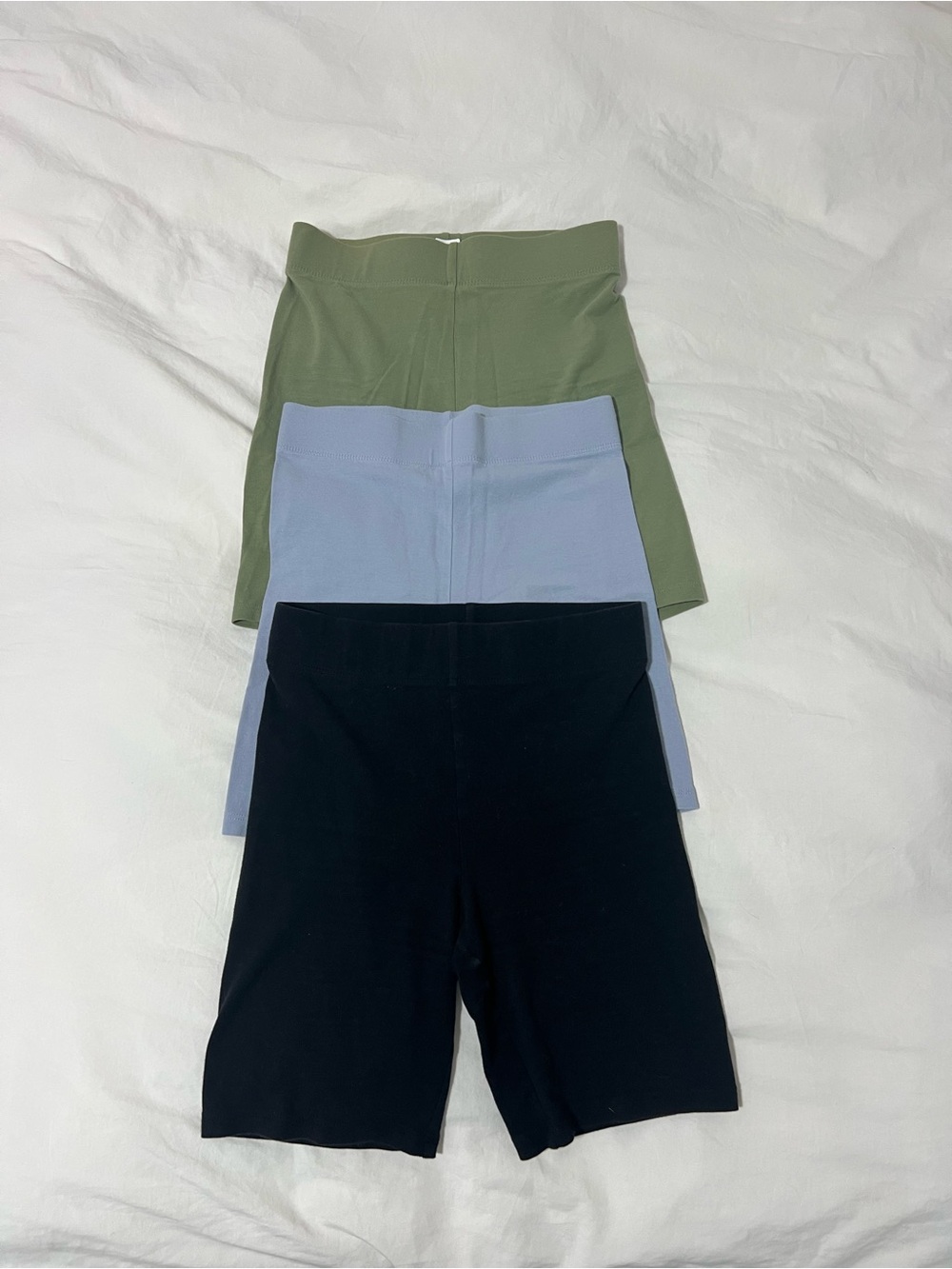 High-Rise Biker Shorts Trio — Olive, Light Blue, Black